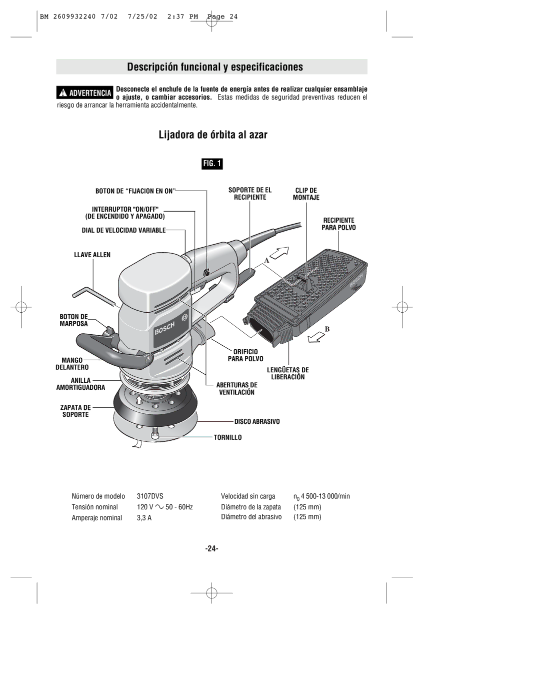 Bosch Power Tools 3107DVS manual Descripción funcional y especificaciones, Lijadora de órbita al azar 