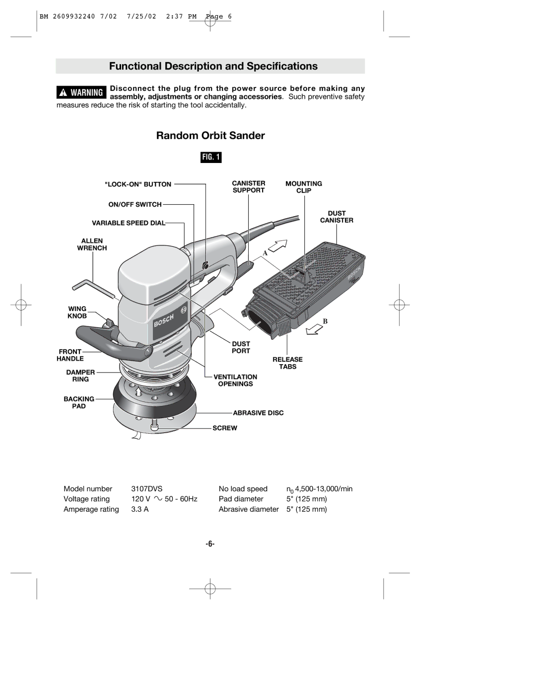 Bosch Power Tools 3107DVS manual Functional Description and Specifications, Random Orbit Sander 