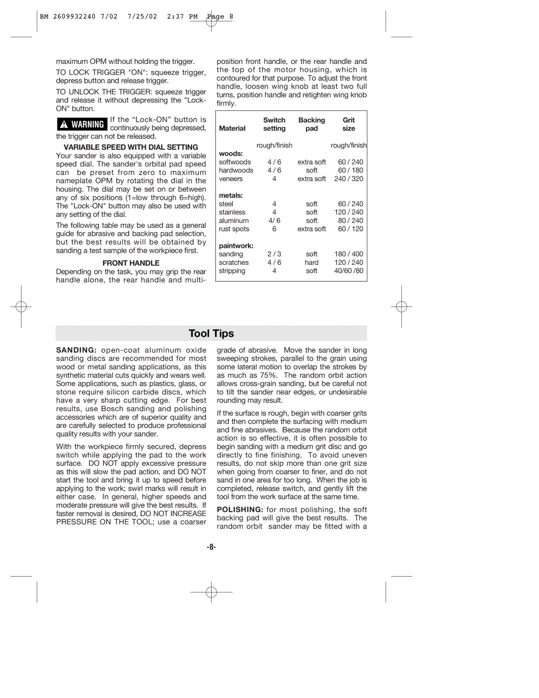 Bosch Power Tools 3107DVS manual Tool Tips, Variable Speed with Dial Setting 