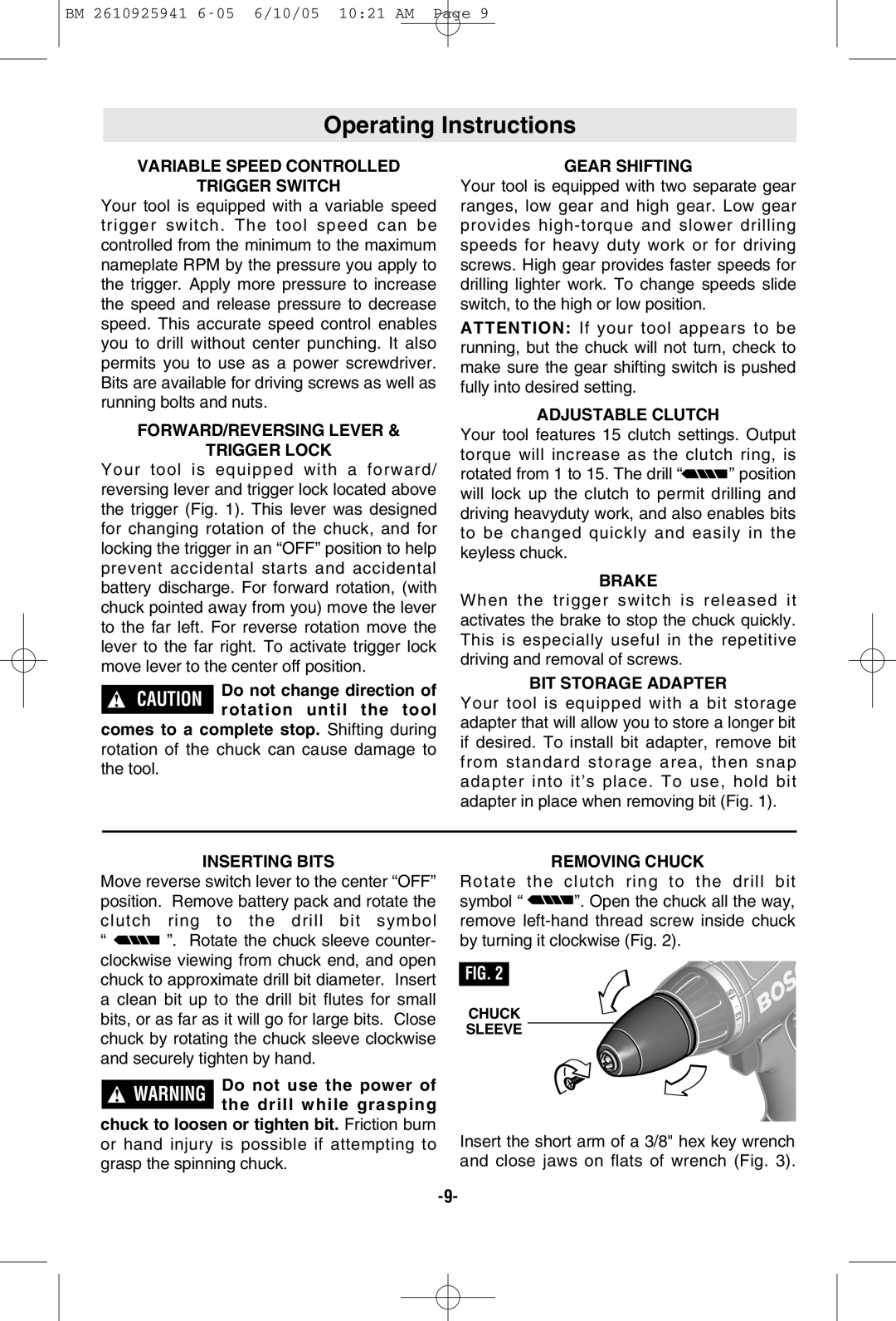 Bosch Power Tools 32609, 32618, 32614-2G, 32612 manual Operating Instructions 