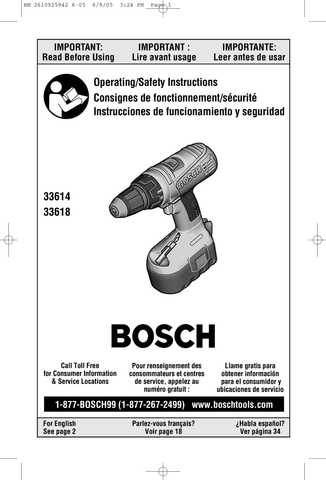 Bosch Power Tools 33618, 33614 manual For English Parlez-vous français?, See, Call Toll Free, Voir Ver página 