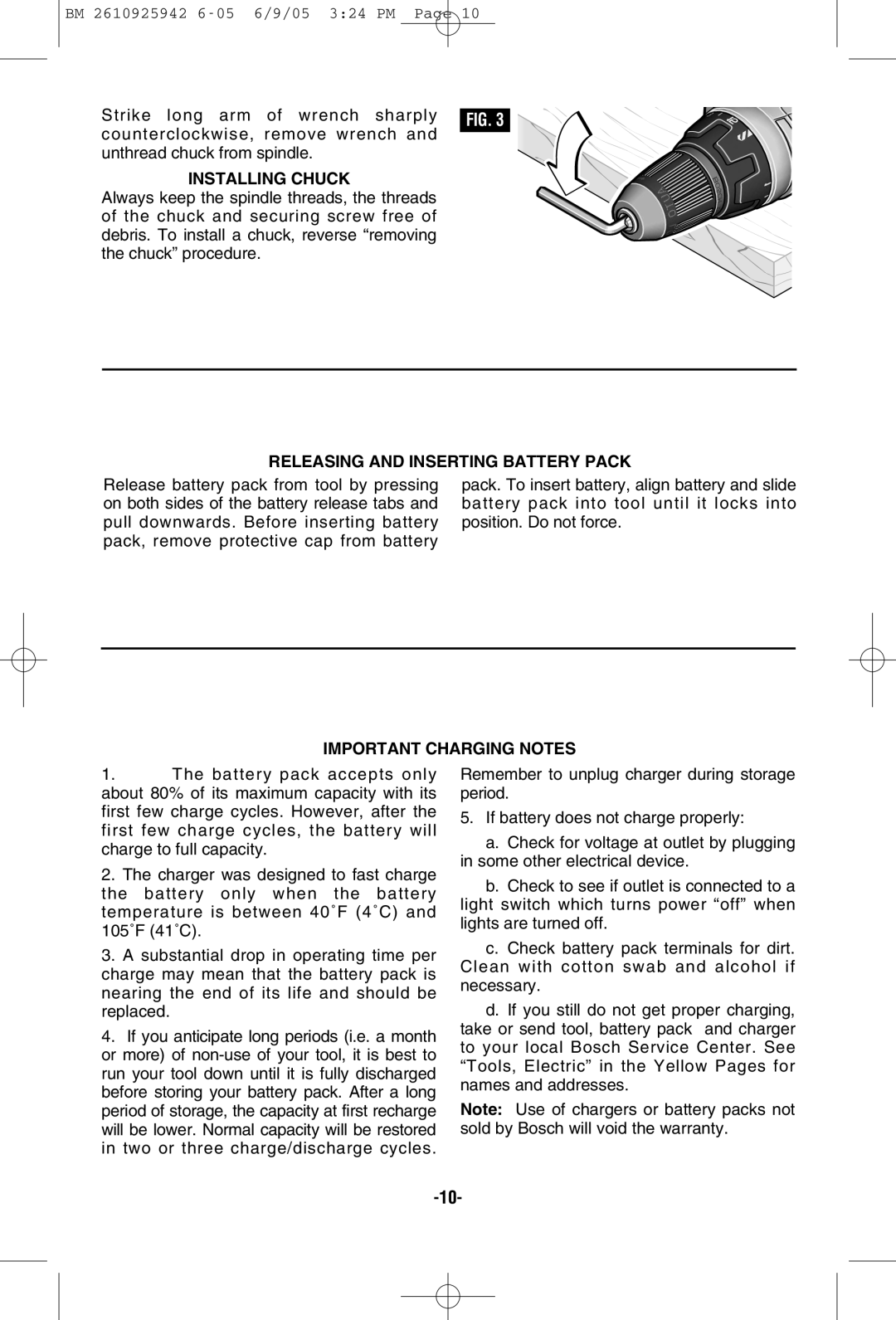 Bosch Power Tools 33614, 33618 manual Installing Chuck, Releasing and Inserting Battery Pack, Important Charging Notes 