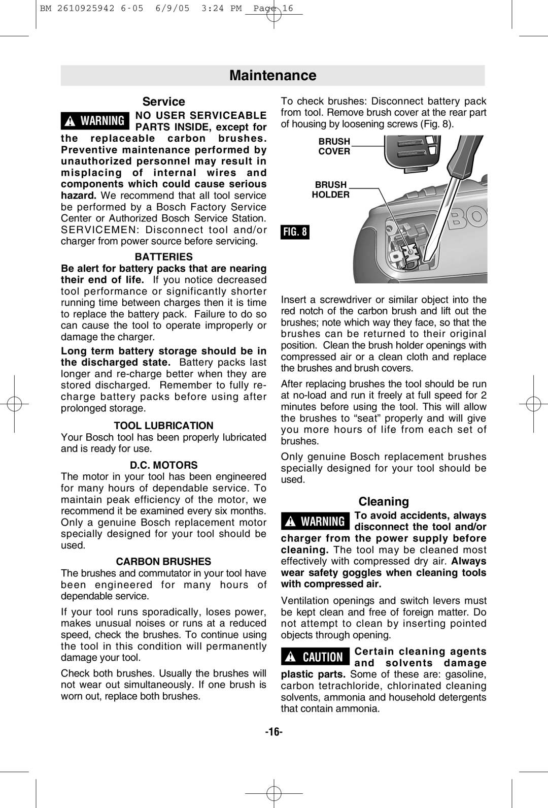 Bosch Power Tools 33614, 33618 manual Maintenance, Cleaning 