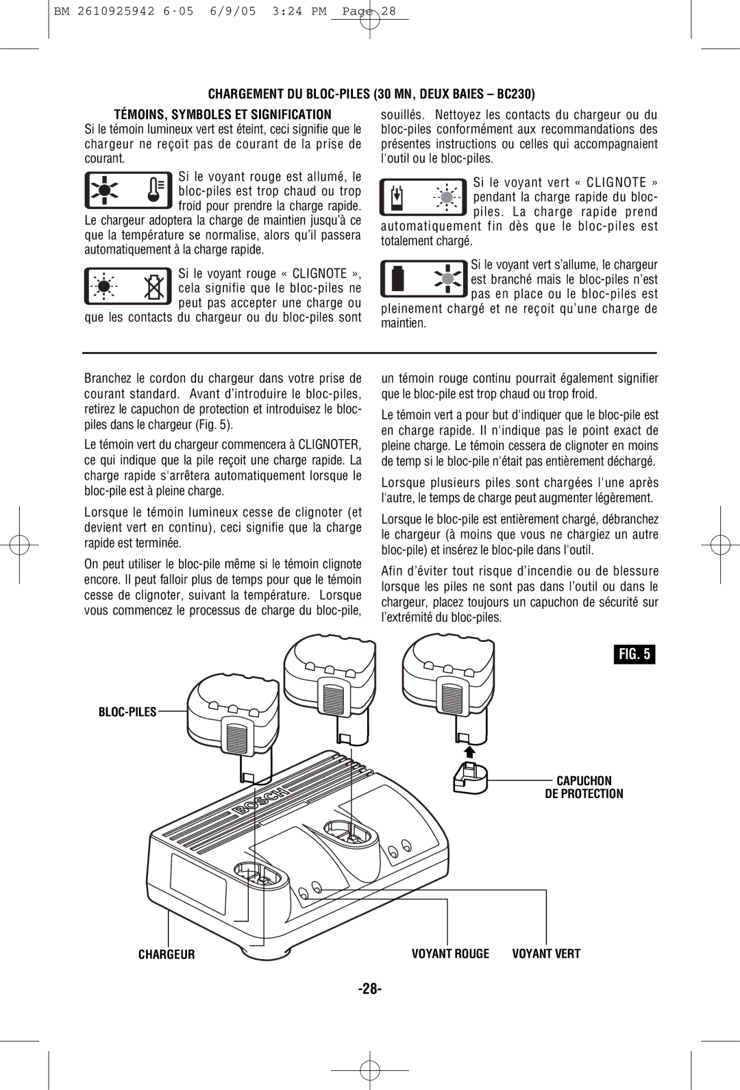 Bosch Power Tools 33614, 33618 manual BLOC-PILES Capuchon DE Protection Chargeur Voyant Rouge 