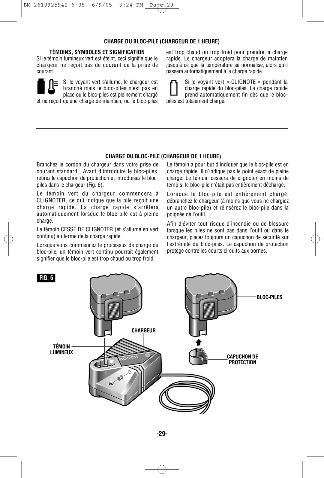 Bosch Power Tools 33618, 33614 manual Charge DU BLOC-PILE Chargeur DE 1 Heure 