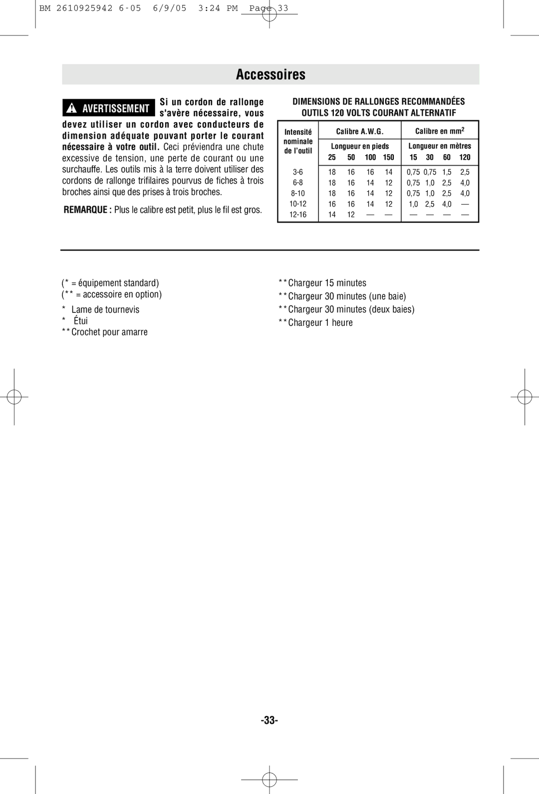 Bosch Power Tools 33618, 33614 manual Accessoires, Calibre A.W.G Calibre en mm2 