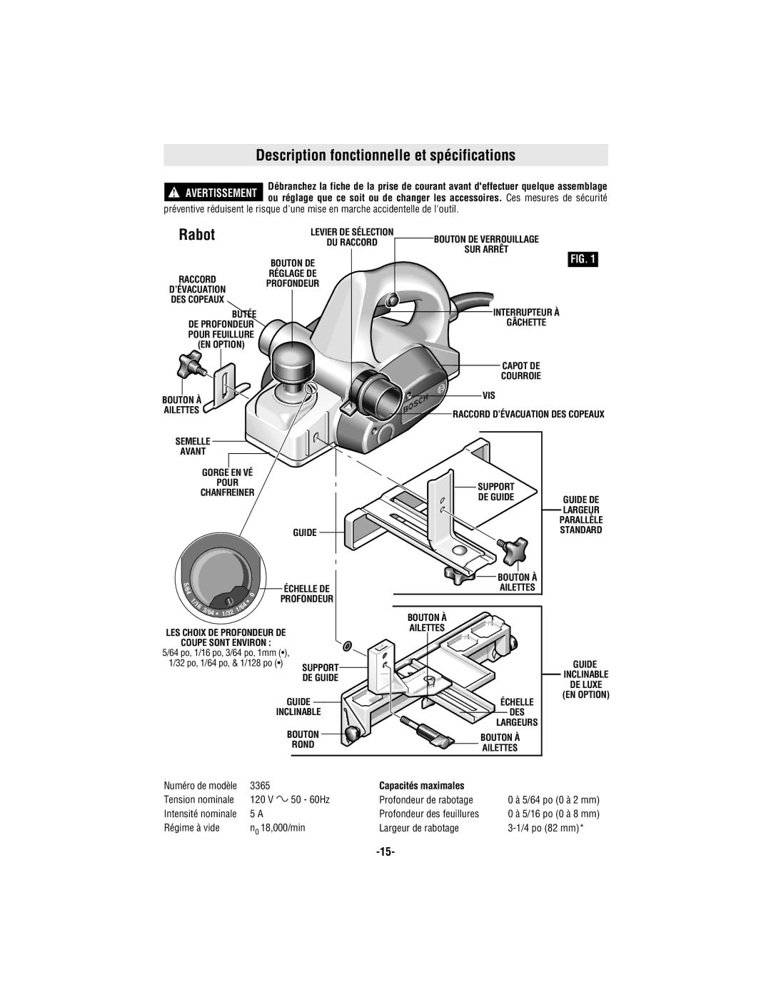 Bosch Power Tools 3365 manual Description fonctionnelle et spécifications, Rabot 