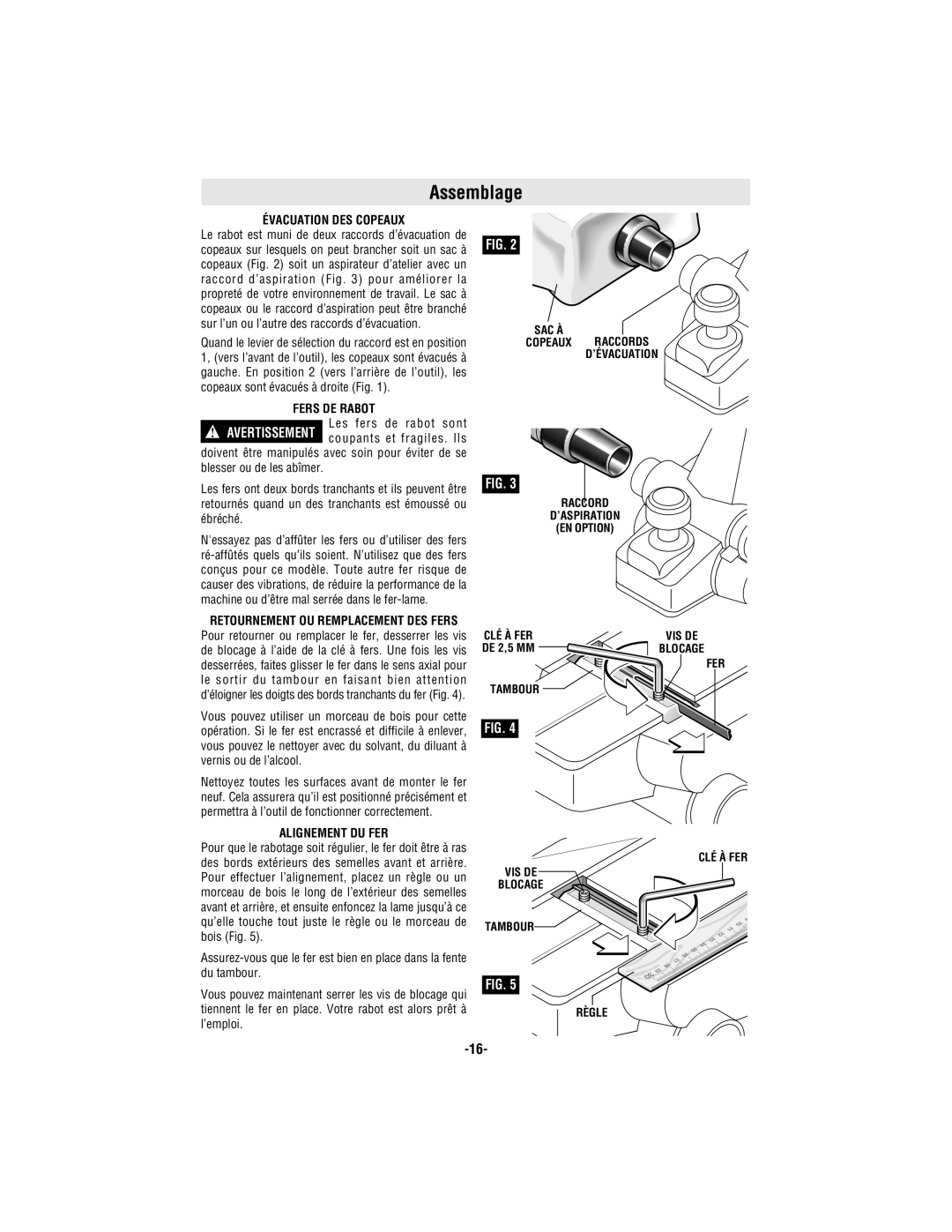 Bosch Power Tools 3365 manual Assemblage, Évacuation DES Copeaux, Fers DE Rabot, Alignement DU FER 