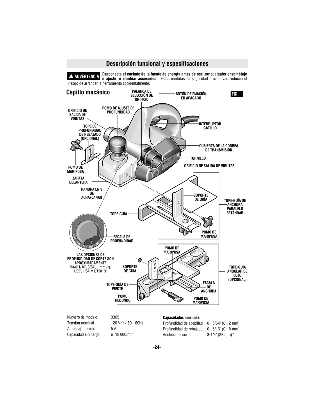 Bosch Power Tools 3365 manual Descripción funcional y especificaciones, Cepillo mecánico 