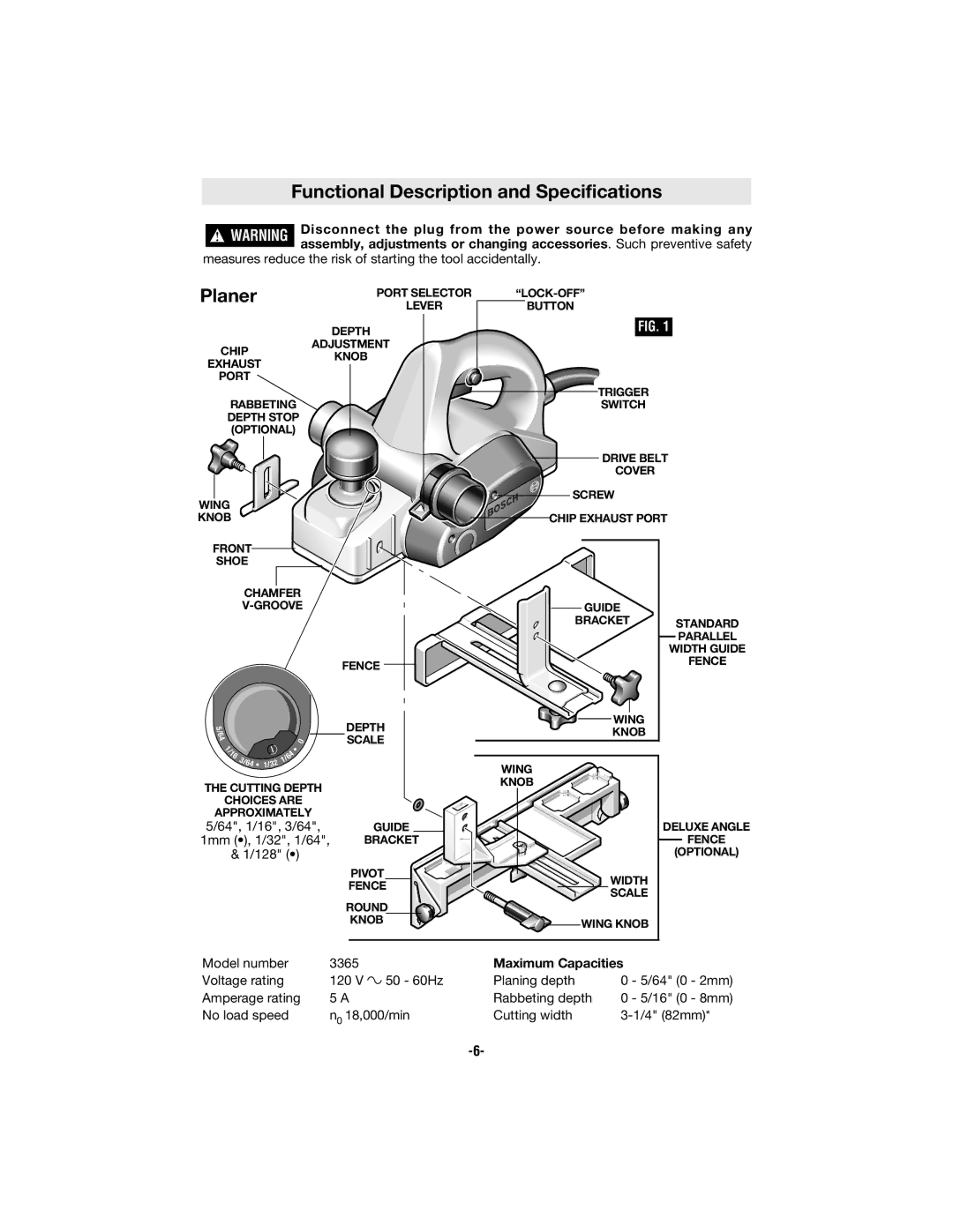 Bosch Power Tools 3365 manual Functional Description and Specifications, Planer 