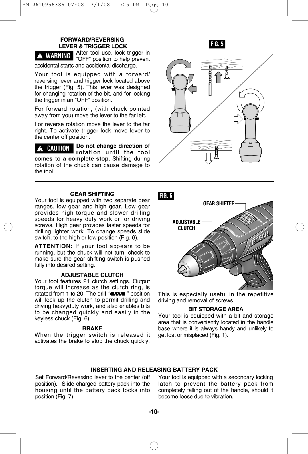 Bosch Power Tools 36614 manual FORWARD/REVERSING Lever & Trigger Lock, Gear Shifting, Brake, Gear Shifter Adjustable Clutch 