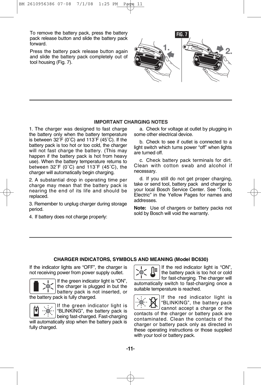 Bosch Power Tools 36618, 36614 manual Important Charging Notes, Charger INDICATORS, Symbols and Meaning Model BC630 