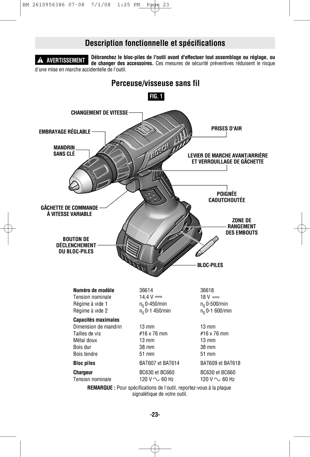 Bosch Power Tools 36618, 36614 manual Description fonctionnelle et spécifications, Perceuse/visseuse sans fil, Bloc-Piles 