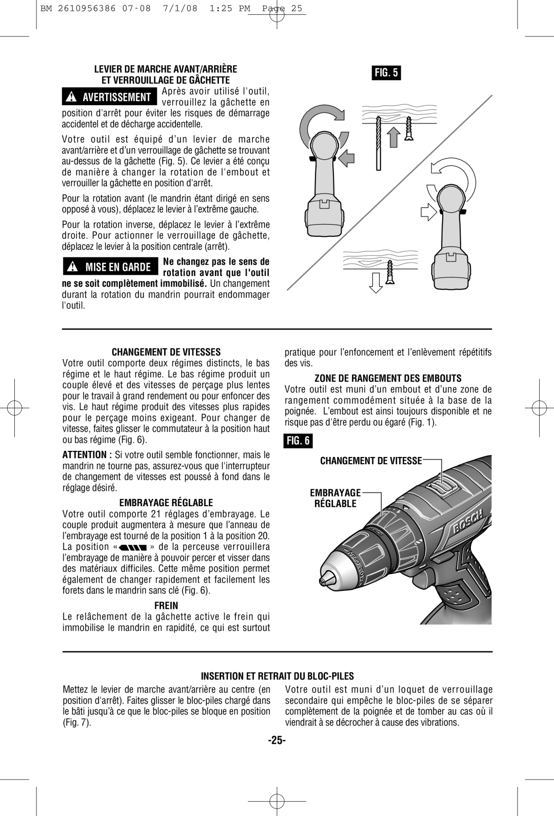 Bosch Power Tools 36618 manual Levier DE Marche AVANT/ARRIÈRE, Changement DE Vitesses, Frein, Zone DE Rangement DES Embouts 