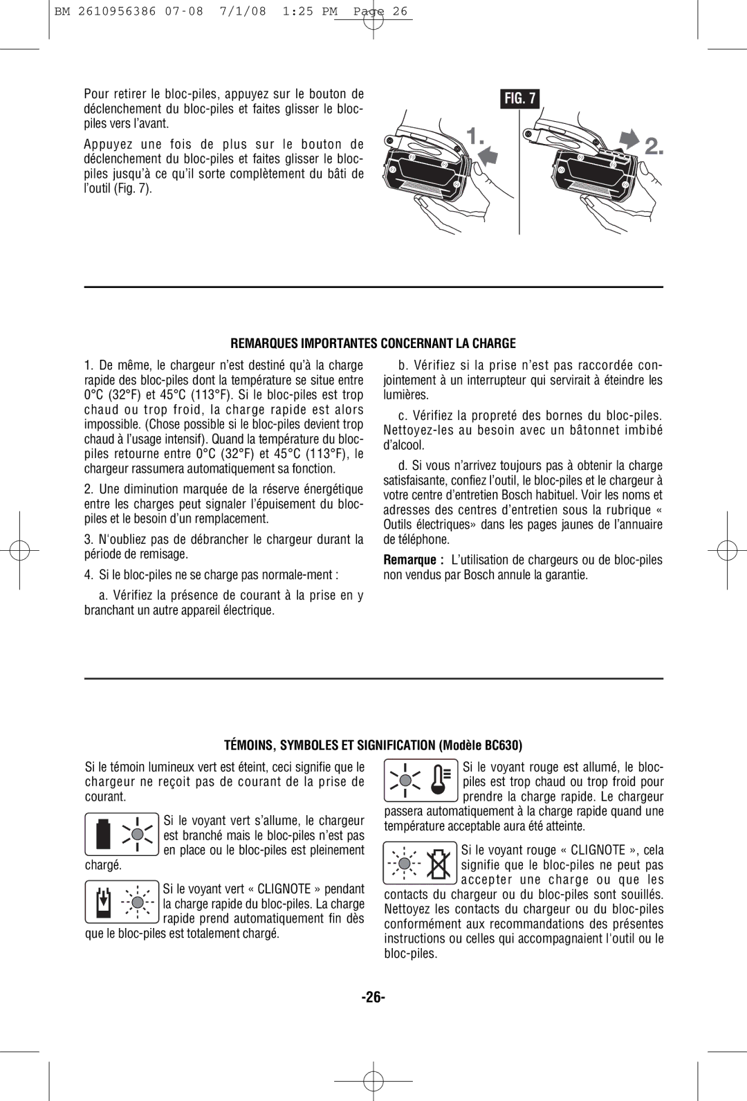 Bosch Power Tools 36614, 36618 Remarques Importantes Concernant LA Charge, TÉMOINS, Symboles ET Signification Modèle BC630 