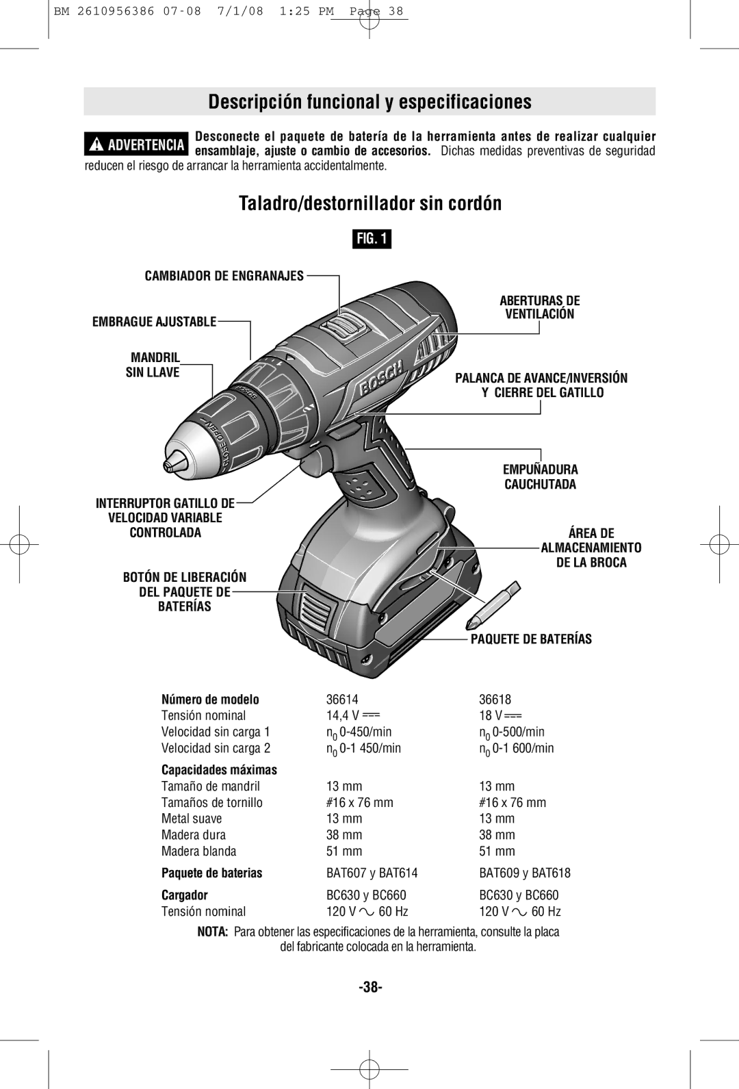 Bosch Power Tools 36614, 36618 manual Descripción funcional y especificaciones, Taladro/destornillador sin cordón 