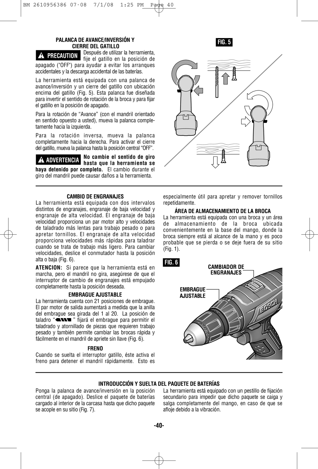 Bosch Power Tools 36614, 36618 manual Palanca DE AVANCE/INVERSIÓN Y, Cambio DE Engranajes, Embrague Ajustable, Freno 