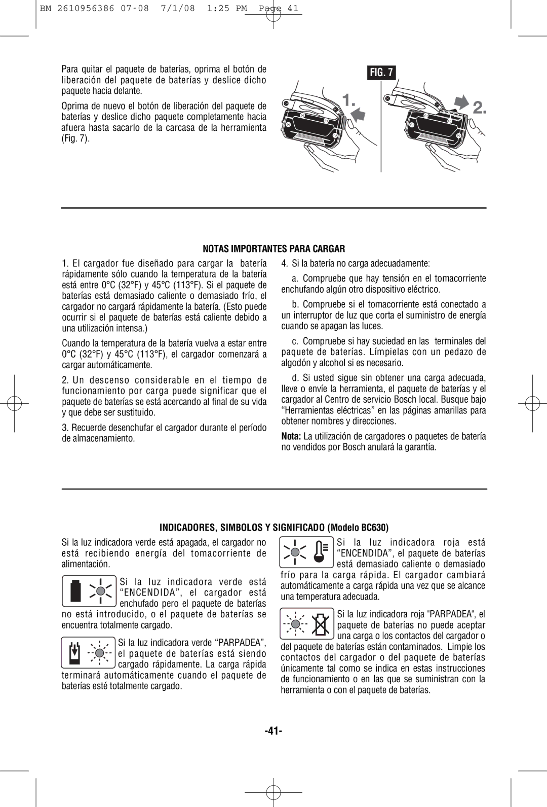 Bosch Power Tools 36618, 36614 manual Notas Importantes Para Cargar, INDICADORES, Simbolos Y Significado Modelo BC630 