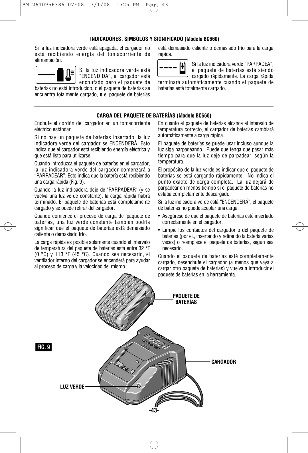 Bosch Power Tools 36618 manual INDICADORES, Simbolos Y Significado Modelo BC660, Carga DEL Paquete DE Baterías Modelo BC660 