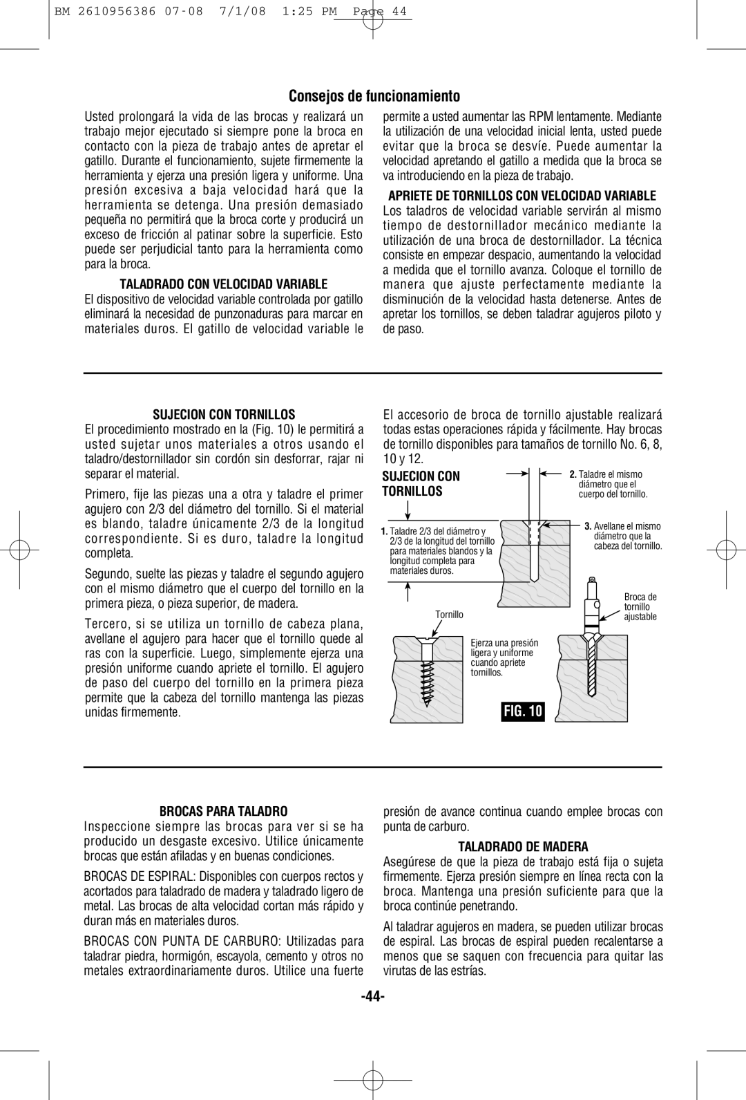 Bosch Power Tools 36614 manual Consejos de funcionamiento, Sujecion CON Tornillos, Brocas Para Taladro, Taladrado DE Madera 