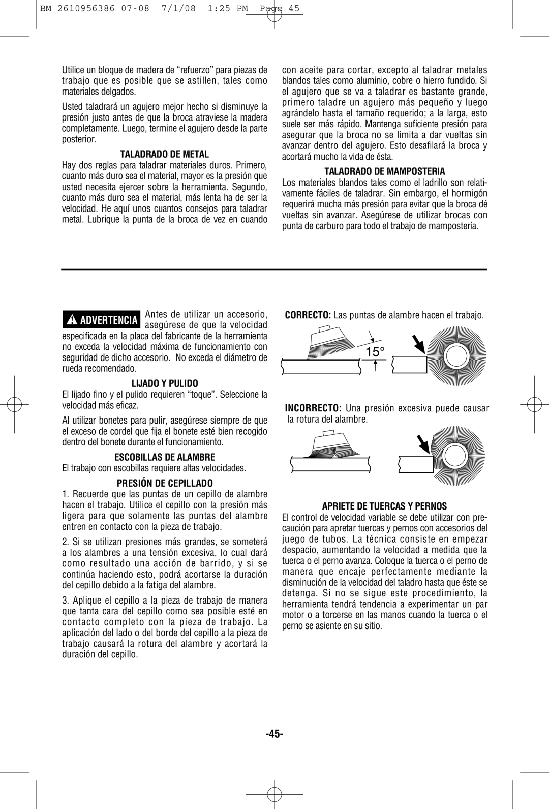 Bosch Power Tools 36618, 36614 manual Taladrado DE Metal, Taladrado DE Mamposteria, Lijado Y Pulido, Escobillas DE Alambre 