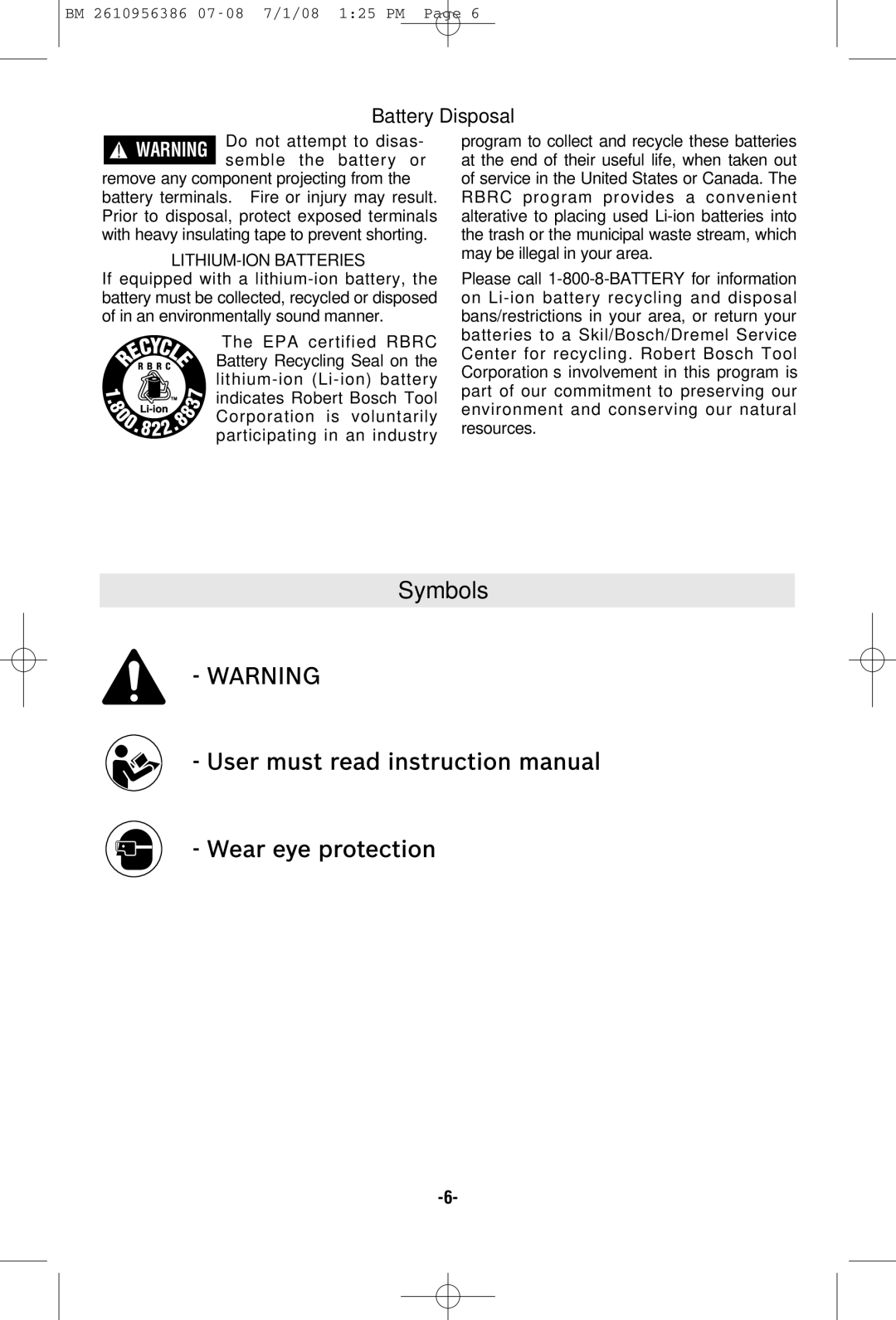 Bosch Power Tools 36614, 36618 manual Symbols, Battery Disposal, LITHIUM-ION Batteries 