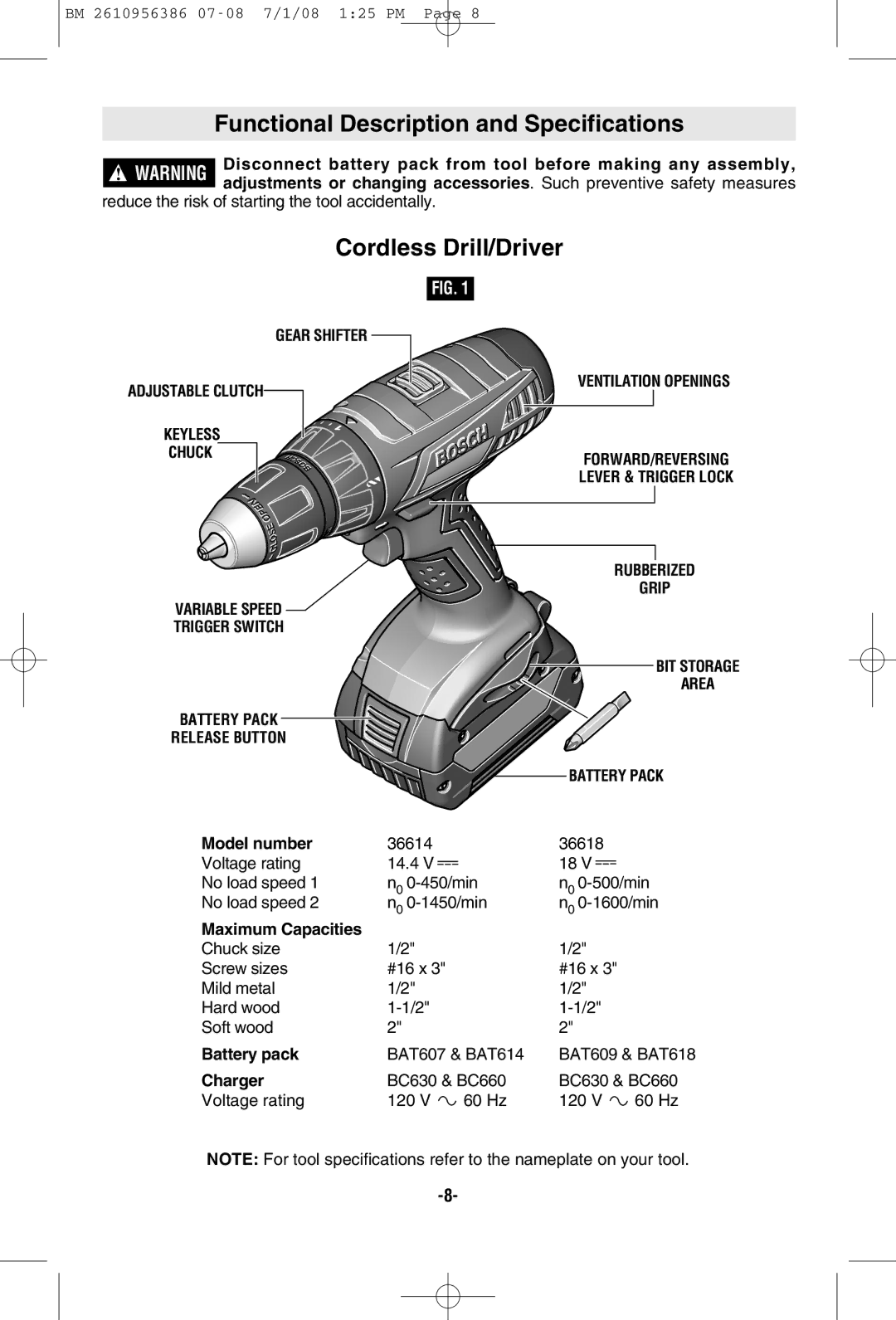 Bosch Power Tools 36614, 36618 manual Functional Description and Specifications, Cordless Drill/Driver 