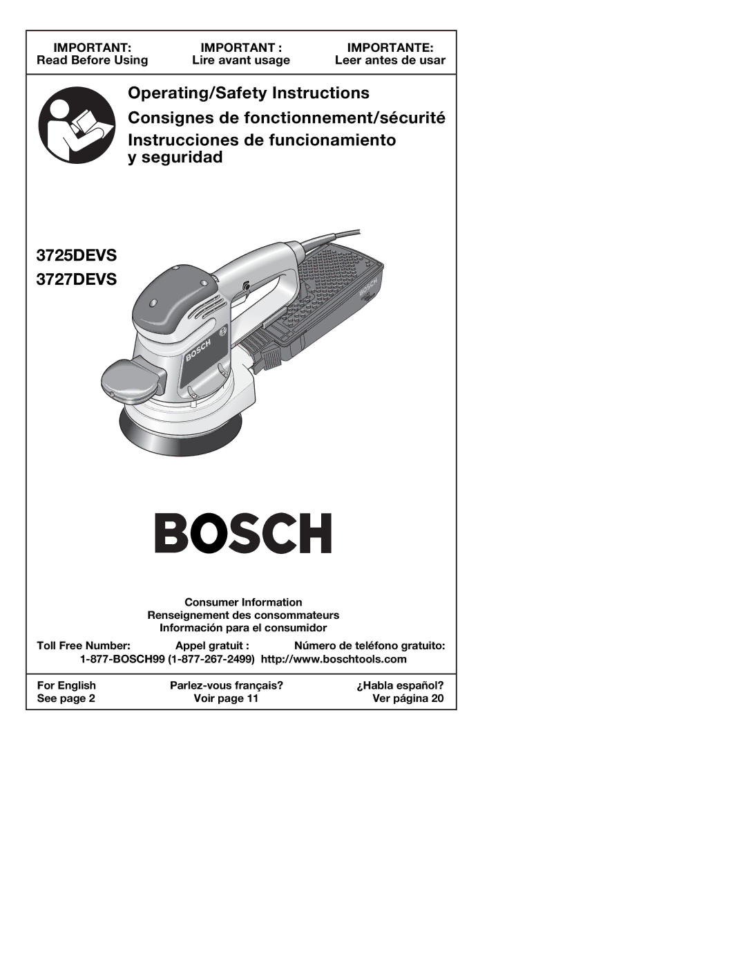 Bosch Power Tools 3727DEVS, 3725DEVS manual Importante 