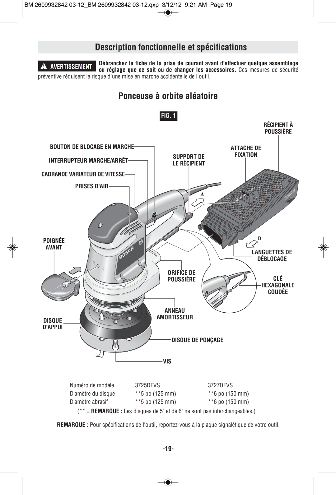 Bosch Power Tools 3727DEVS, 3725DEVS Description fonctionnelle et spécifications, Ponceuse à orbite aléatoire, Orifice DE 