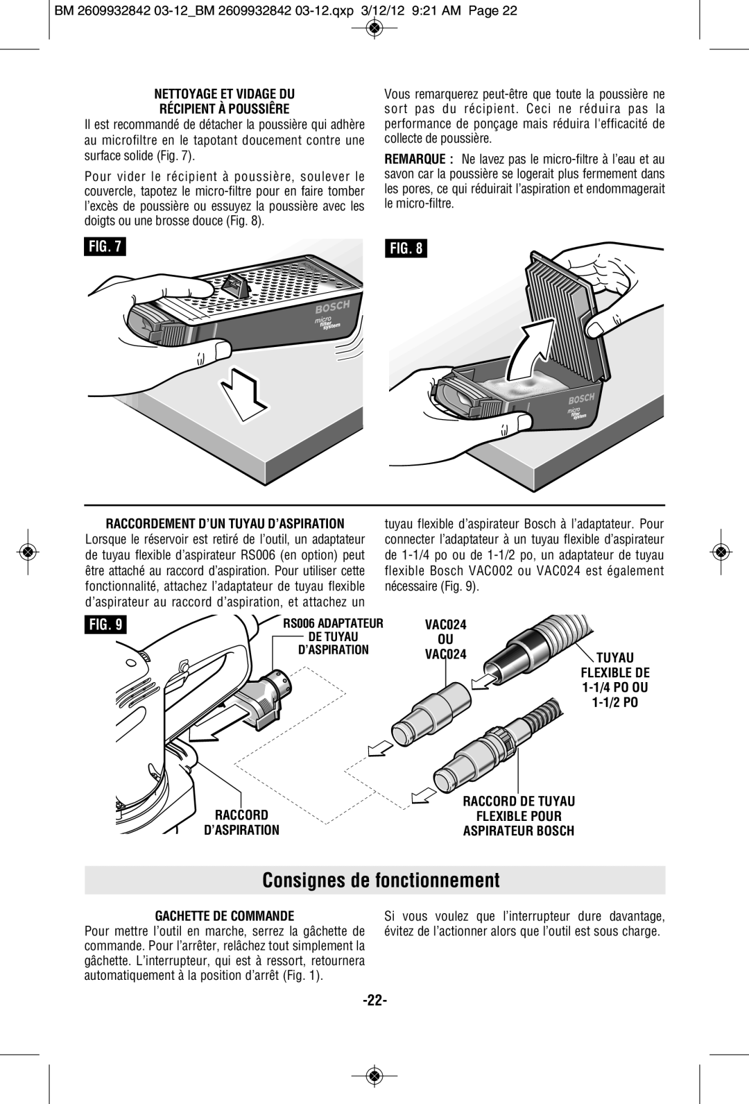 Bosch Power Tools 3725DEVS Consignes de fonctionnement, Nettoyage ET Vidage DU Récipient À Poussiêre, Gachette DE Commande 