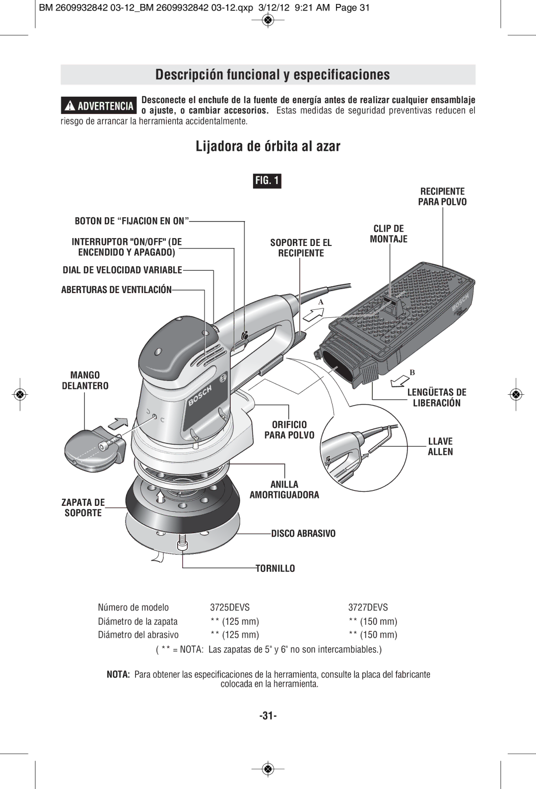 Bosch Power Tools 3727DEVS, 3725DEVS manual Descripción funcional y especificaciones, Lijadora de órbita al azar 