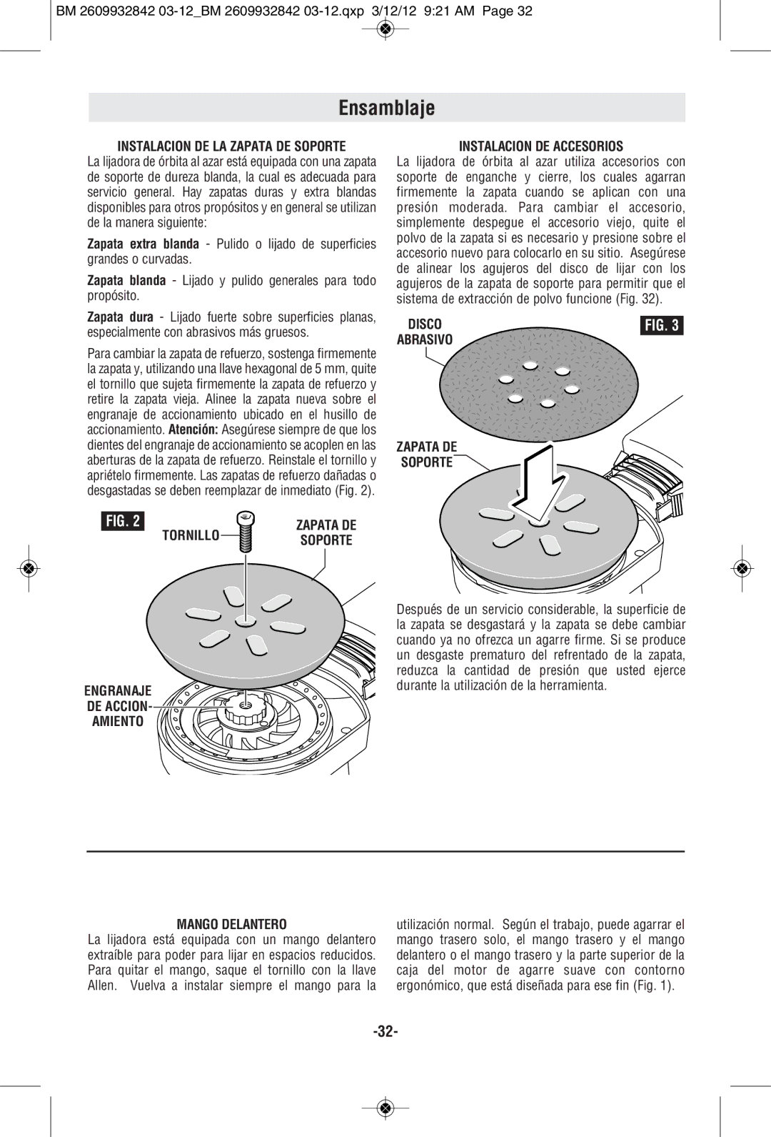 Bosch Power Tools 3725DEVS, 3727DEVS manual Ensamblaje, Disco, Zapata DE Soporte, Mango Delantero 