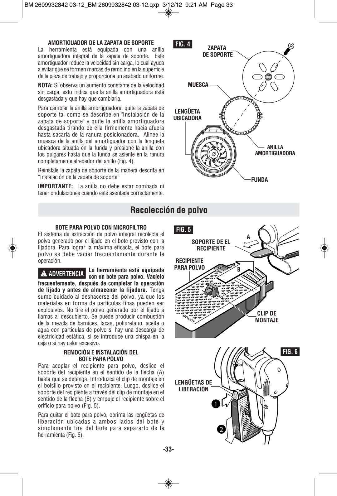 Bosch Power Tools 3727DEVS, 3725DEVS manual Recolección de polvo 