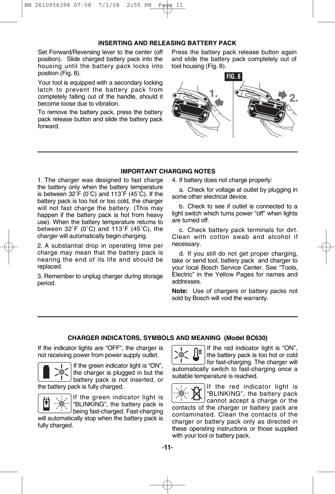 Bosch Power Tools 37614-01, 37618-01 manual Inserting and Releasing Battery Pack, Important Charging Notes 