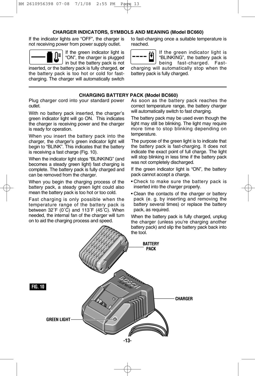 Bosch Power Tools 37614, 37618-01 Charger INDICATORS, Symbols and Meaning Model BC660, Charging Battery Pack Model BC660 