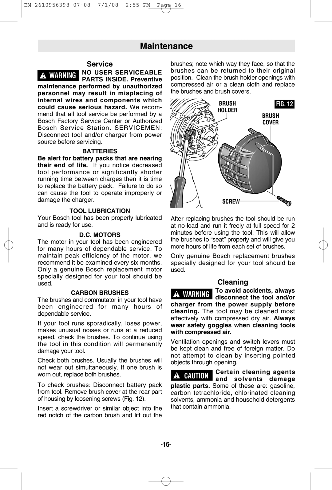 Bosch Power Tools 37618-01, 37614-01 manual Maintenance, Cleaning 