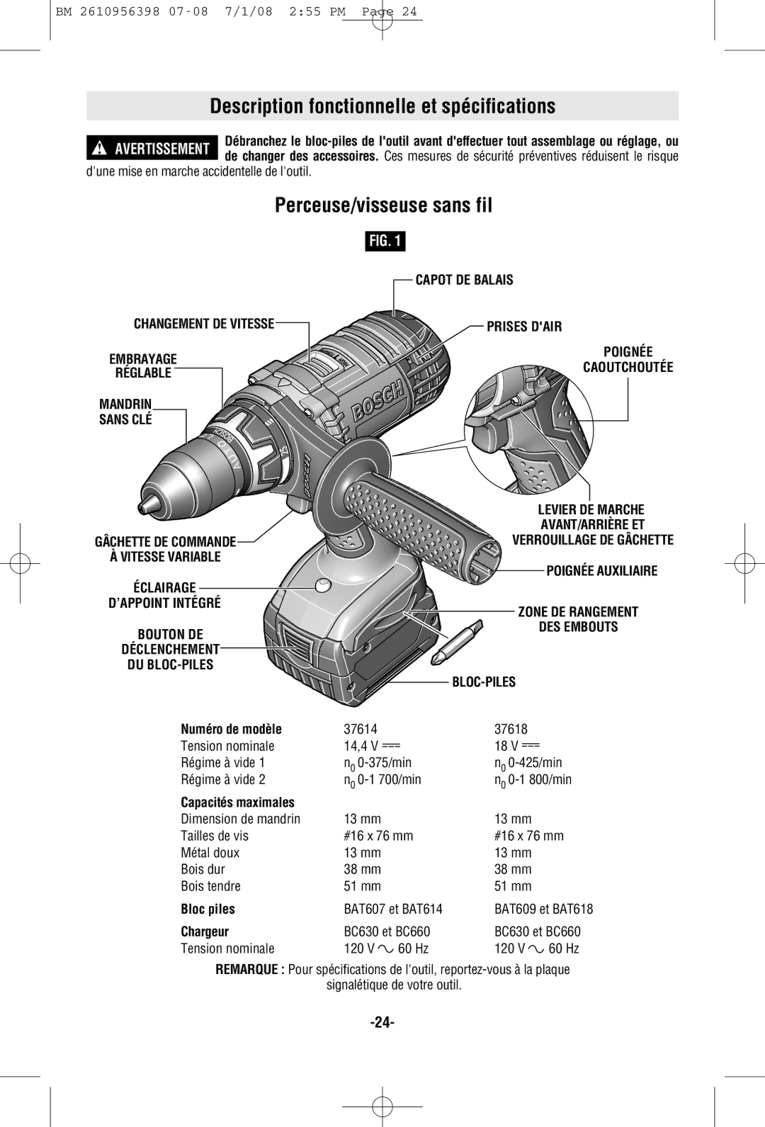 Bosch Power Tools 37618-01, 37614-01 manual Description fonctionnelle et spécifications, Perceuse/visseuse sans fil 