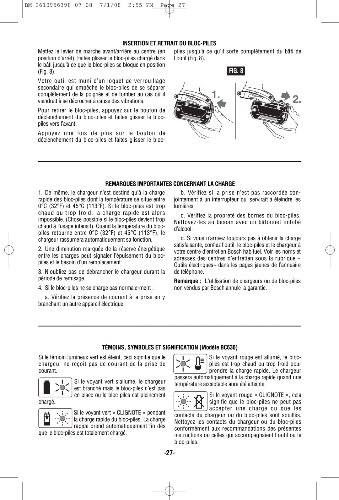 Bosch Power Tools 37614-01, 37618-01 manual Insertion ET Retrait DU BLOC-PILES, Remarques Importantes Concernant LA Charge 