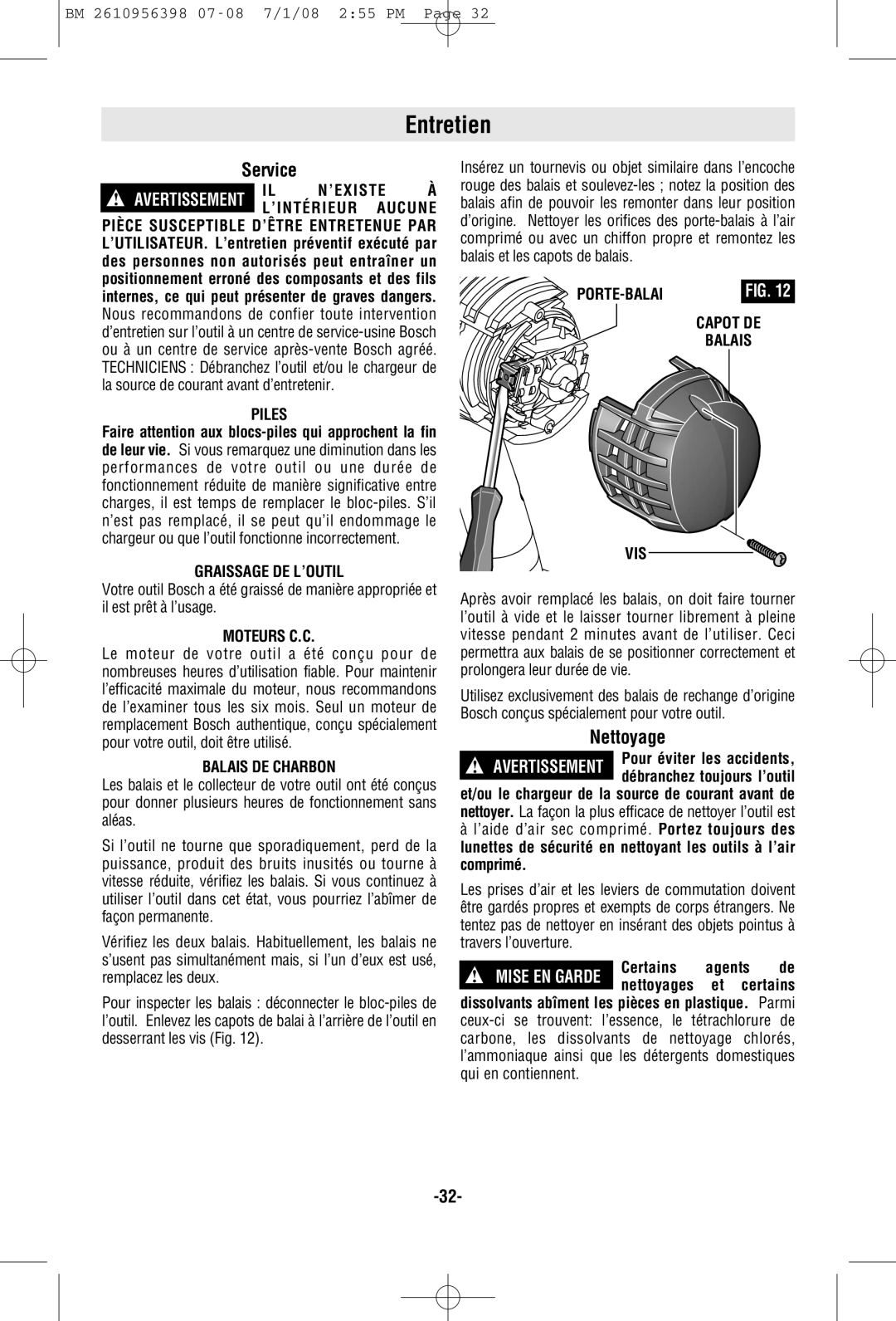 Bosch Power Tools 37618-01, 37614-01 manual Entretien, Nettoyage 