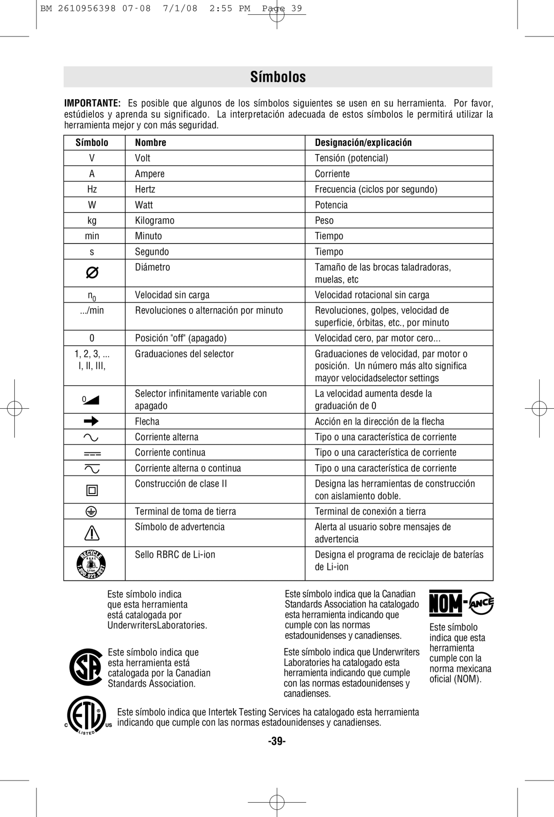 Bosch Power Tools 37614-01, 37618-01 manual Símbolo Nombre Designación/explicación, De Li-ion 