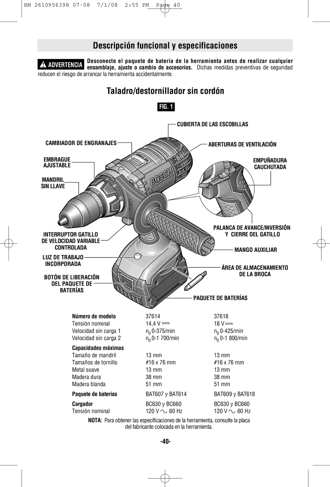 Bosch Power Tools 37618-01, 37614-01 manual Descripción funcional y especificaciones, Taladro/destornillador sin cordón 