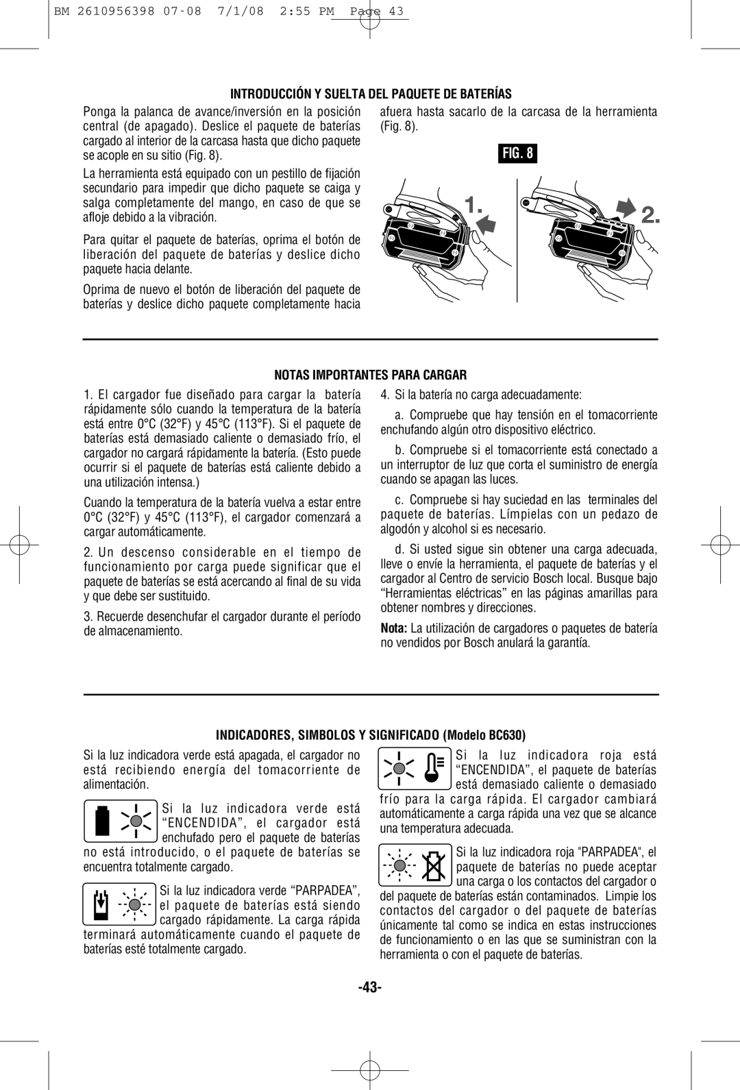 Bosch Power Tools 37614-01, 37618-01 manual Introducción Y Suelta DEL Paquete DE Baterías, Notas Importantes Para Cargar 