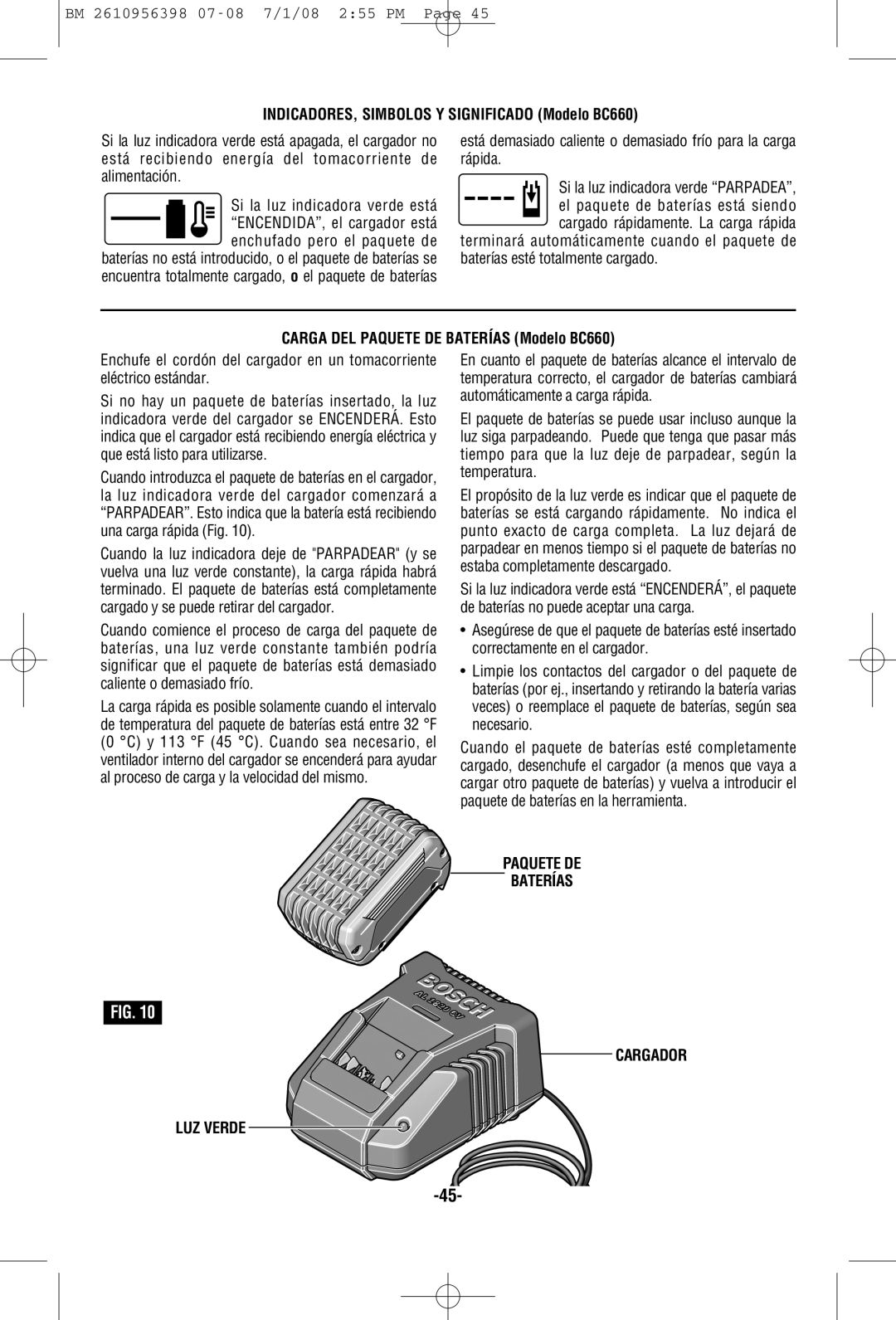 Bosch Power Tools 37614 manual INDICADORES, Simbolos Y Significado Modelo BC660, Carga DEL Paquete DE Baterías Modelo BC660 