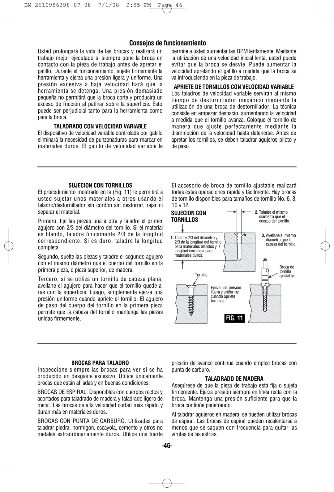 Bosch Power Tools 37618 manual Consejos de funcionamiento, Sujecion CON Tornillos, Brocas Para Taladro, Taladrado DE Madera 