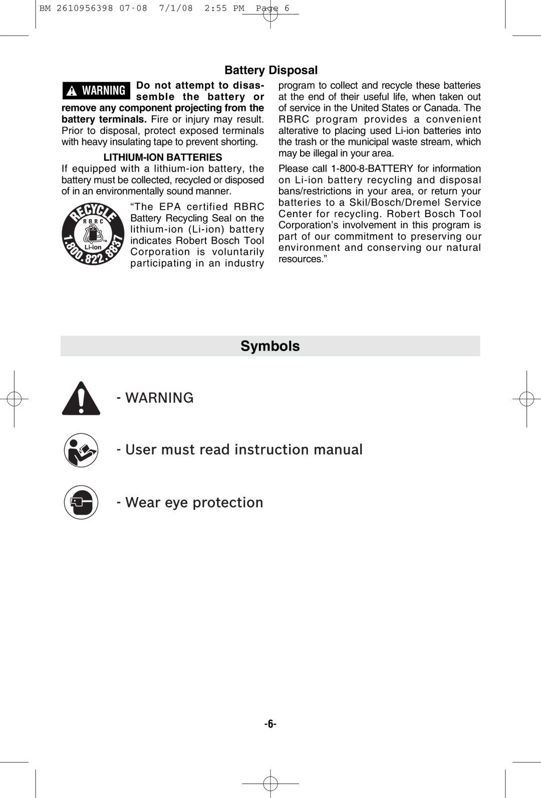 Bosch Power Tools 37618-01, 37614-01 manual Symbols, Battery Disposal, LITHIUM-ION Batteries 