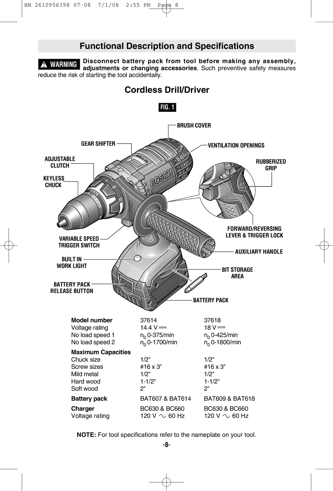 Bosch Power Tools 37618-01, 37614-01 manual Functional Description and Specifications, Cordless Drill/Driver 