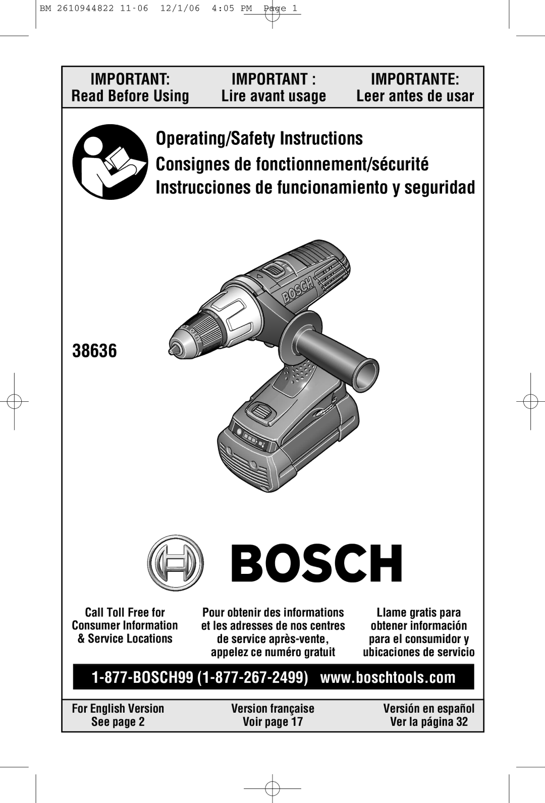 Bosch Power Tools 38636-01 manual Read Before Using 