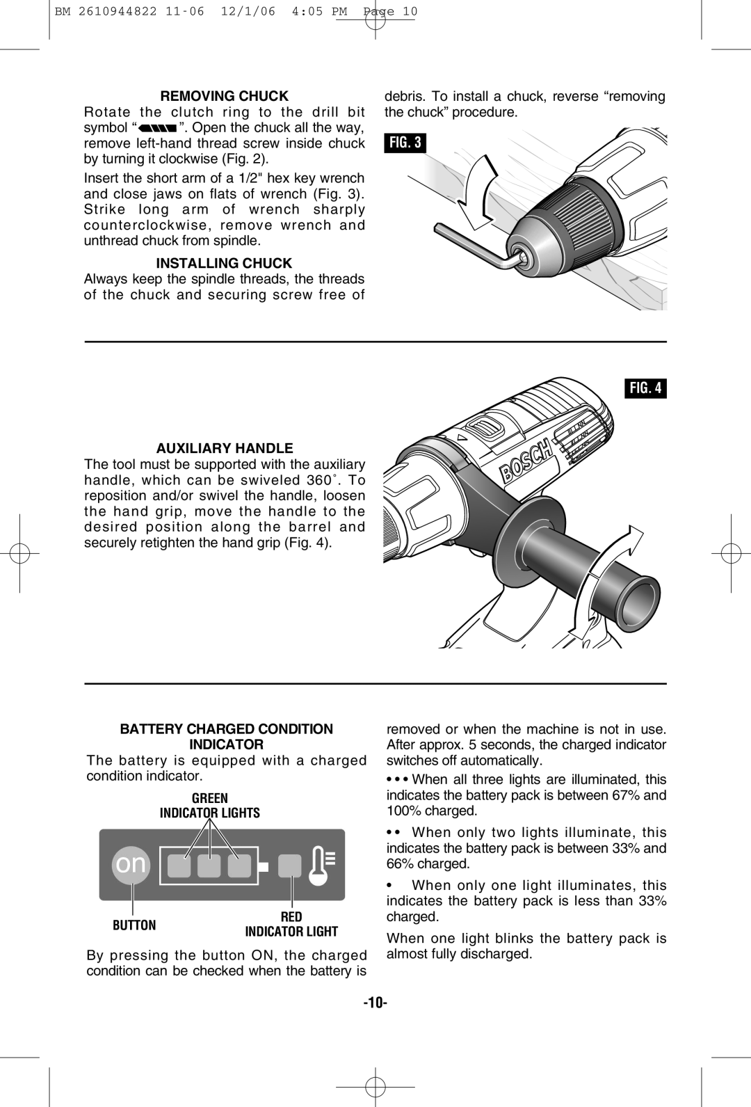 Bosch Power Tools 38636-01 manual Removing Chuck, Installing Chuck, Battery Charged Condition Indicator 