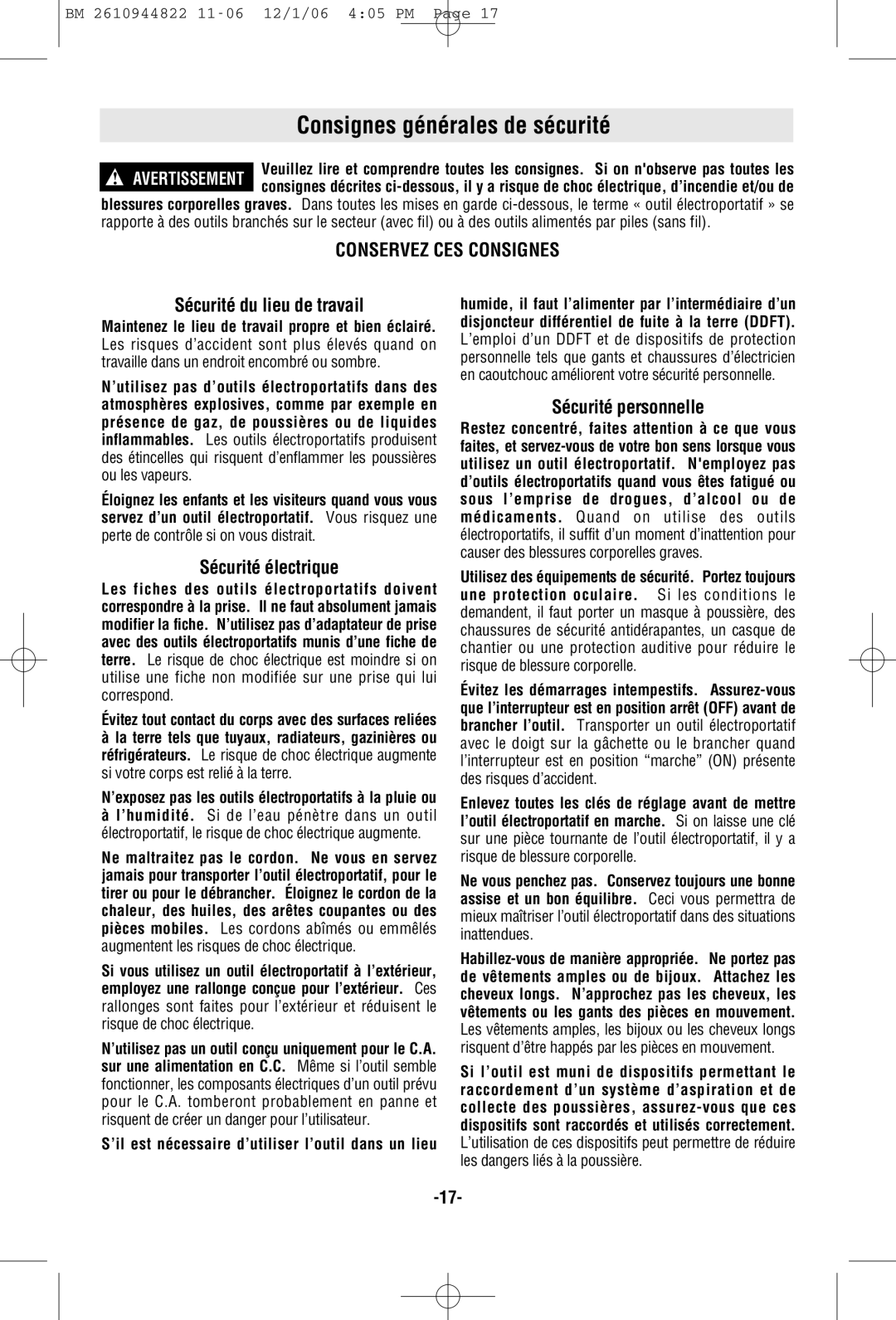 Bosch Power Tools 38636-01 manual Consignes générales de sécurité, Sécurité du lieu de travail, Sécurité électrique 