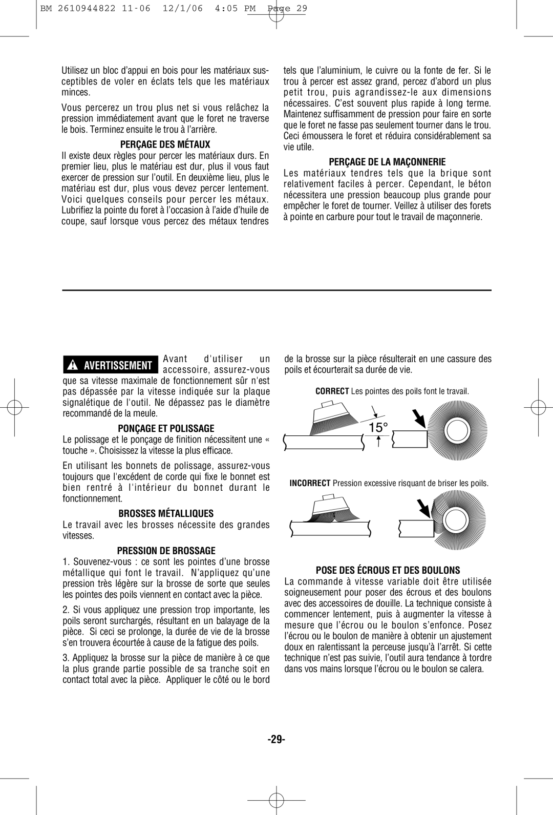 Bosch Power Tools 38636-01 manual Perçage DES Métaux, Perçage DE LA Maçonnerie, Ponçage ET Polissage, Brosses Métalliques 